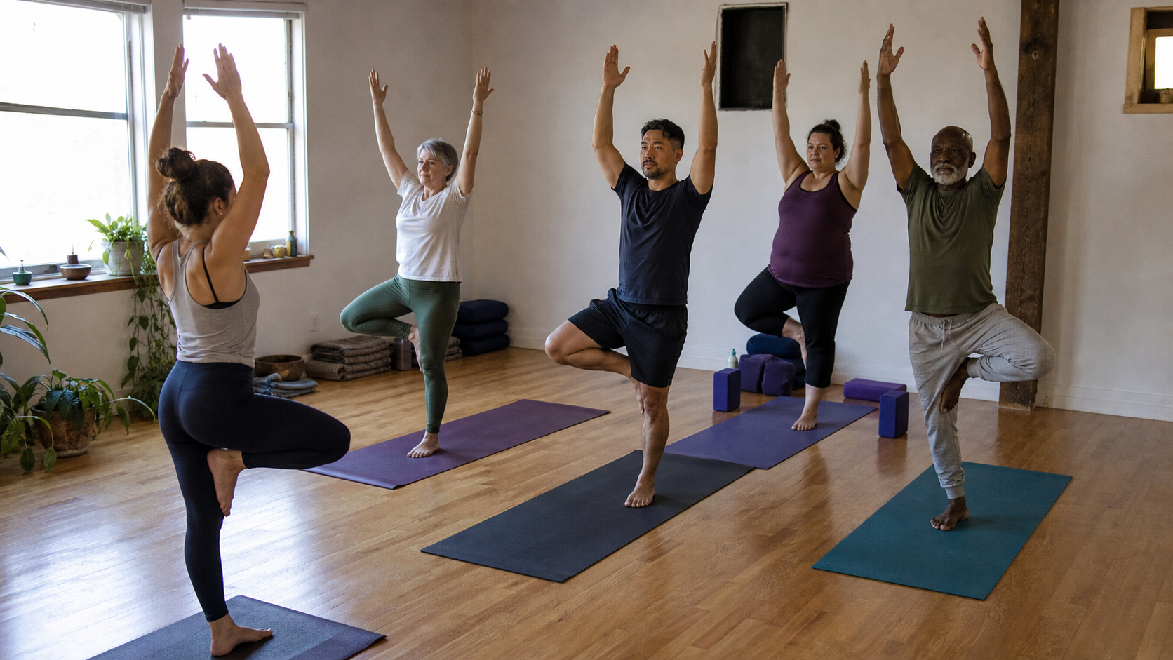 Yoga instructor leading an inclusive studio class in a standing balance pose